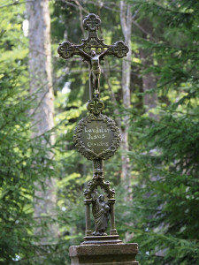 Křížek u stožecké kaple krásně ladí s s místními lesy a pomalu do nich integruje