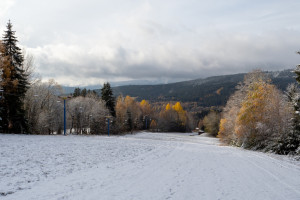 Pohled na obec Špičák a vrchol Špičák, který je na pravé hraně.